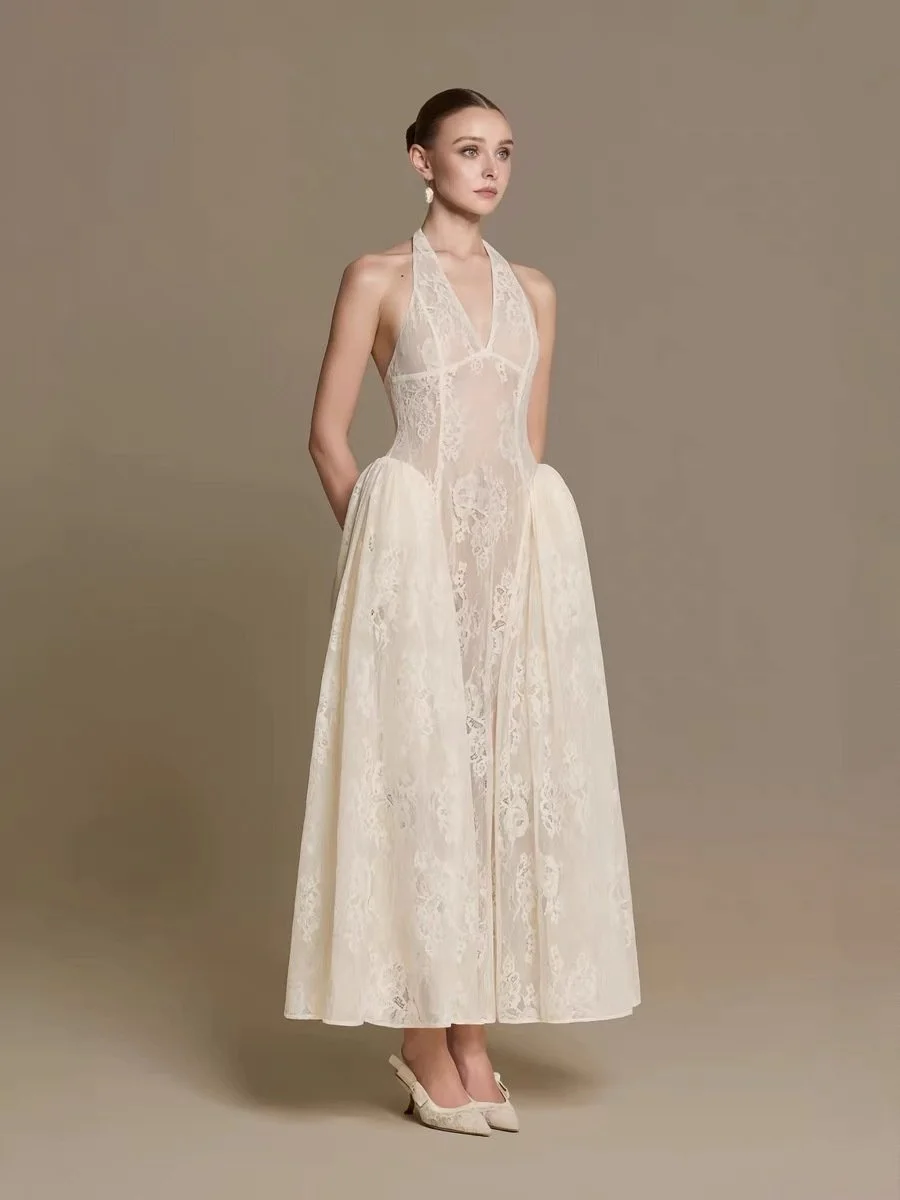Halter V Neck Floral Lace Midi Bridal Dress