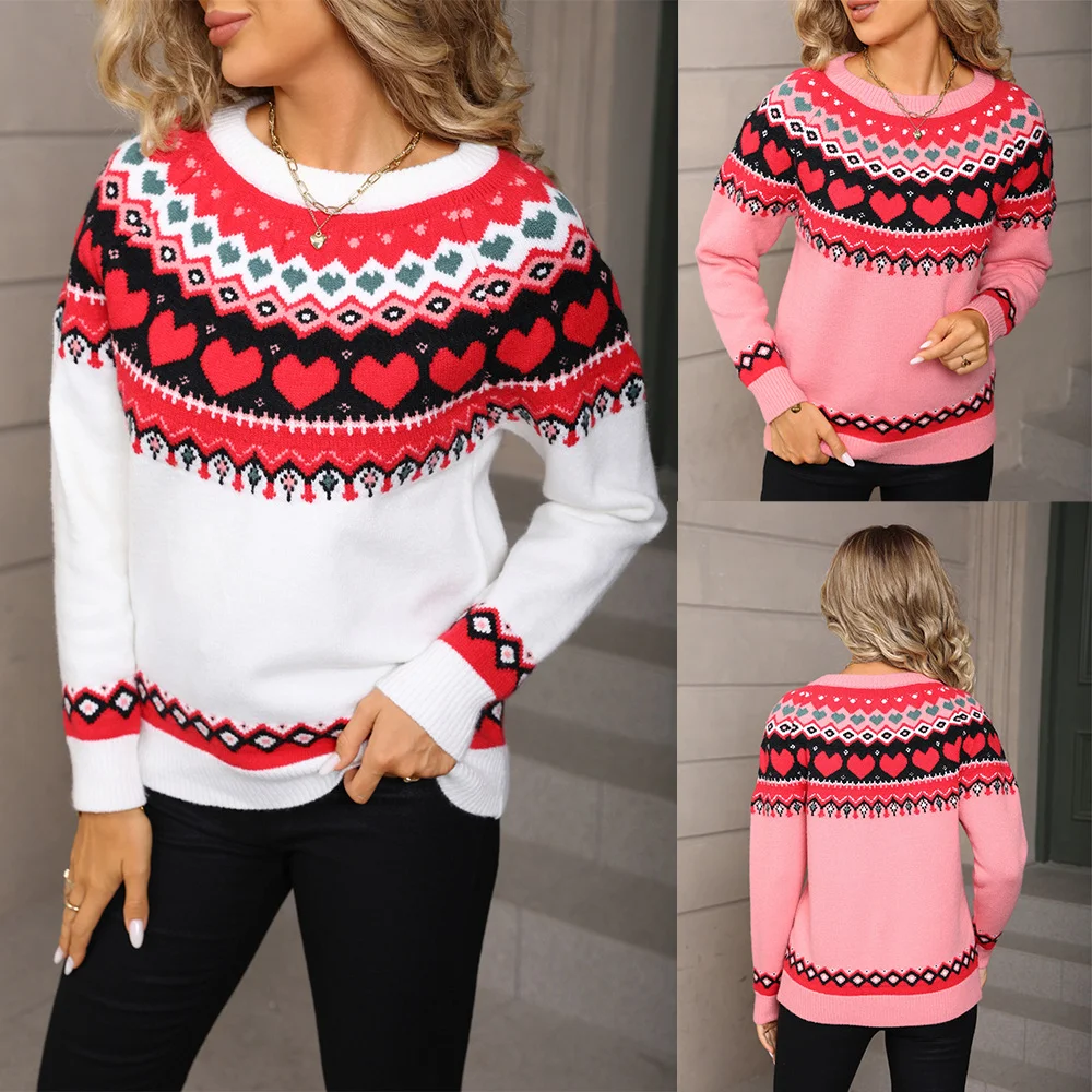 Heart Sweater Pullover Plus Size Christmas Casual Jacquard Sweater