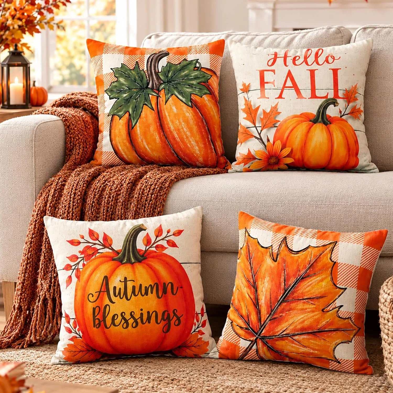 Hello Fall Pumpkin Pillow Covers 4 Pack, 18x18 Inch Orange Autumn Blessed Cushion Cases for Sofa, Couch, Bed a
