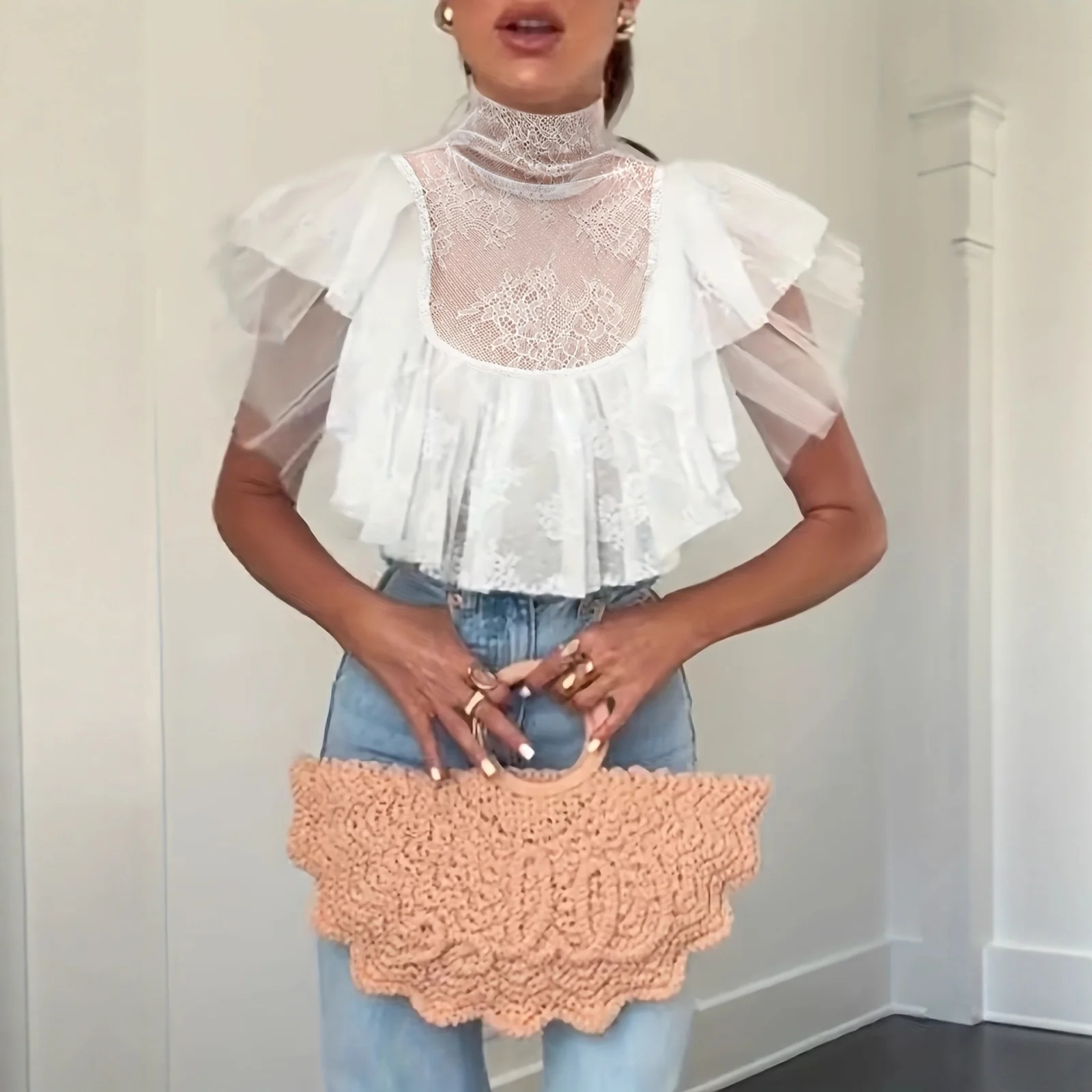 High-neck Lace Mesh Sheer Layered Patchwork T-shirt