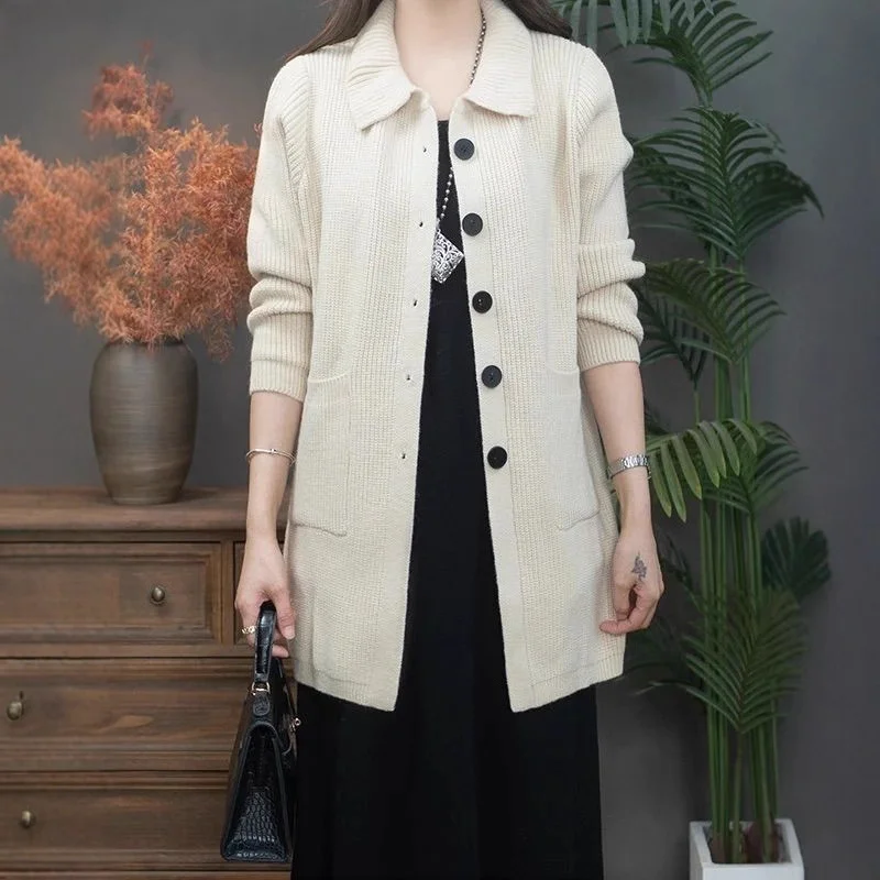 High Polo Collar Women's Sweater Single-breasted Knitted Cardigan