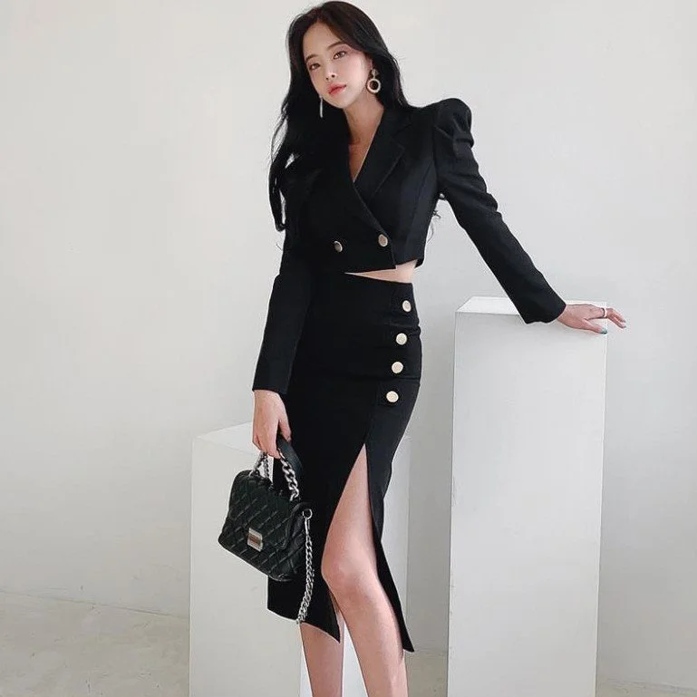 High Waist Slimming Coat Skirt Suit for Women - Black