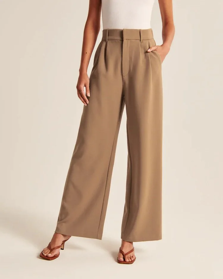 High Waist Straight Trousers with Pockets Wide Leg Casual Pants for Women