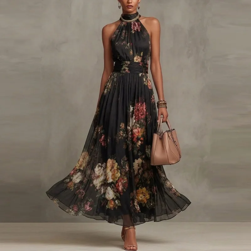 Hollow-out Stand-neck Sleeveless Printed Dress Waist-cinching A-line Maxi Skirt That Flatters the