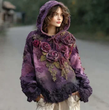 Hooded Ethnic-style Sweatshirt with Cherry Blossom Print