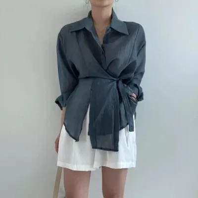 Irregular Buckle Lapel Long Sleeve Shirt Thin Simple Top