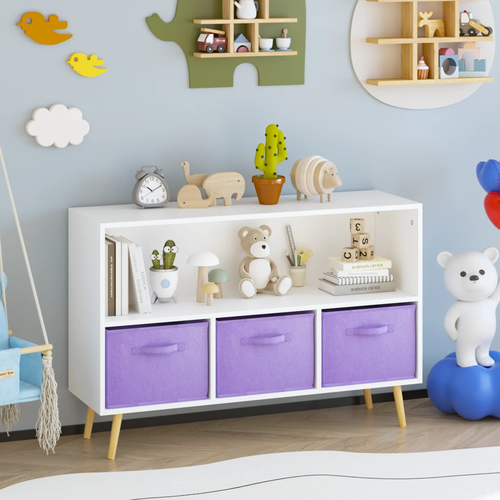 Kids Bookcase with Collapsible Fabric Drawers, Children's Book Display, Toy Storage Cabinet Organizer, White P