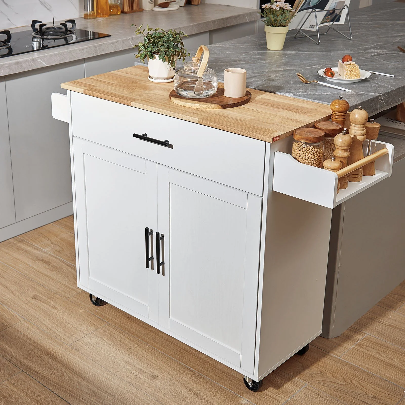 Kitchen Island Cart with Solid Wood Top, Mobile Carts with Storage Cabinet, Rolling Kitchen Table with Spice R