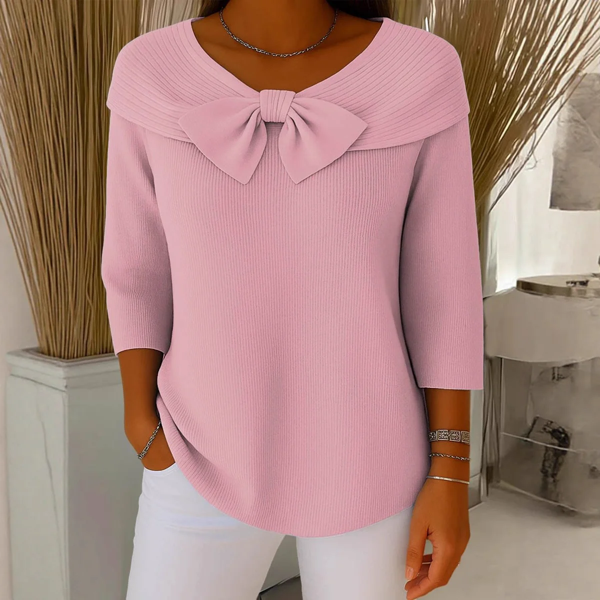 Knitted Bow Solid Color Sweater Autumn and Winter