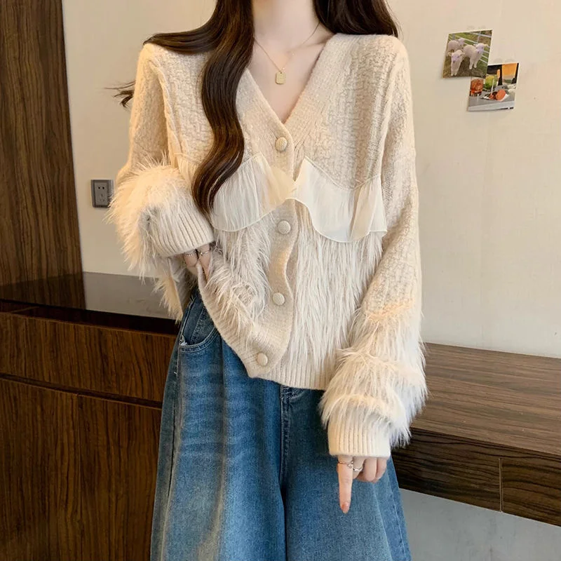 Knitted Cardigan Fringe Collar Temperament Sweater Coat
