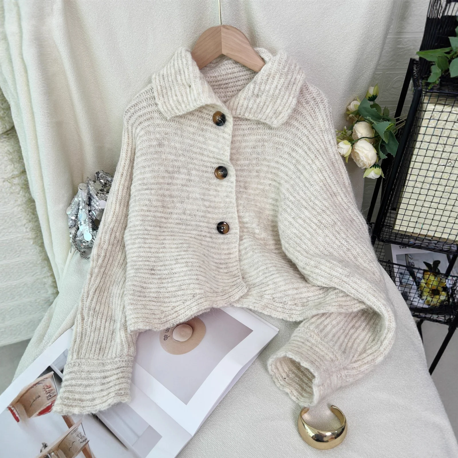 Knitted Cardigan Lapel Single Breasted Casual Irregular Women's Sweater Jacket