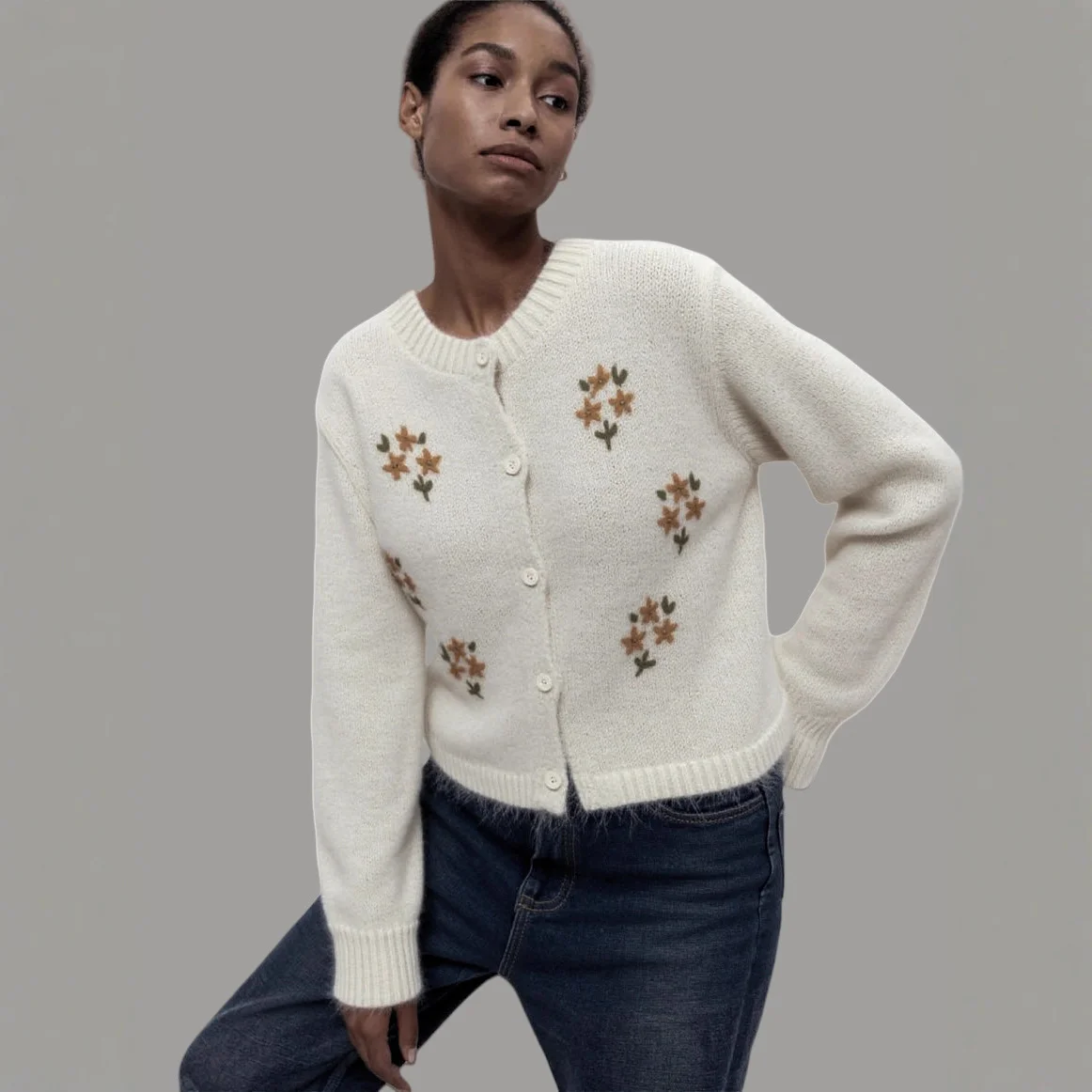 Korean Style Round Neck Embroidered Knitted Cardigan Sweater Coat