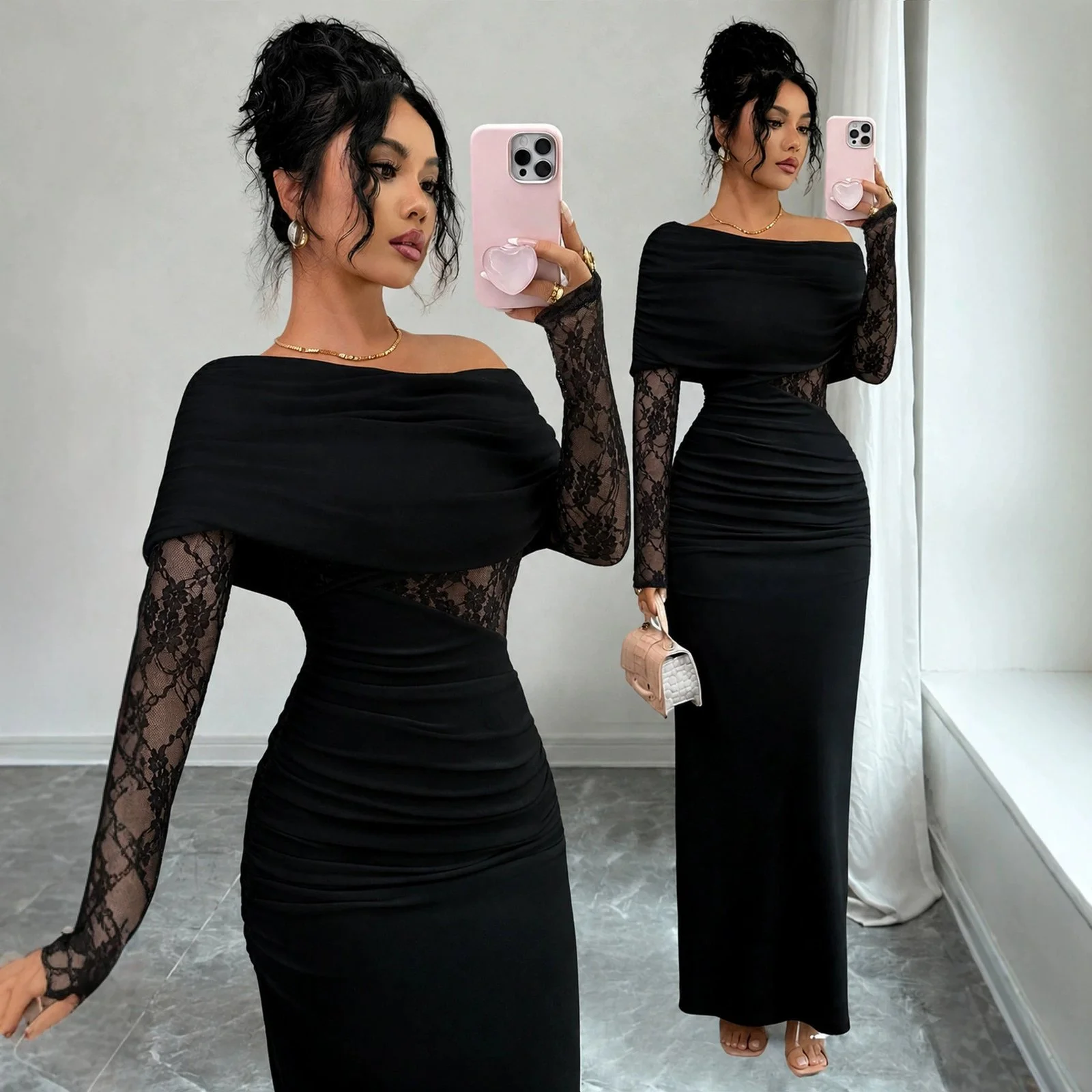 Lace-panelled Waist-cinching Figure-flattering Sheath Dress