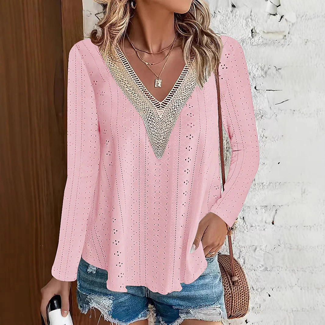 Lace-trimmed Patchwork V-Neck Plus-Size Long-Sleeve T-Shirt