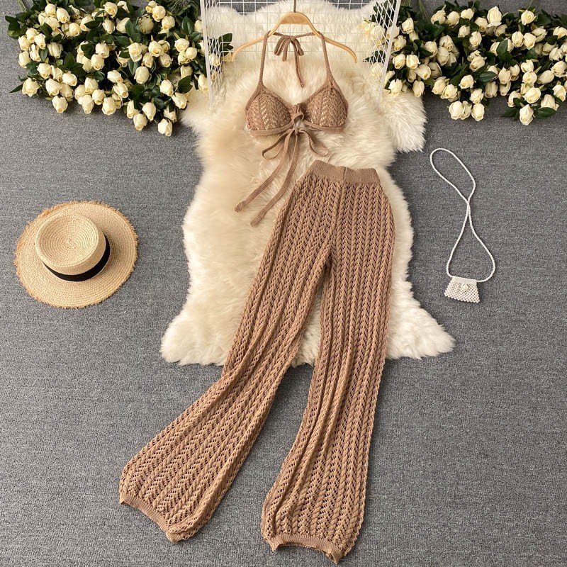 Lace Up Knit Wide Leg Pants Set for Women