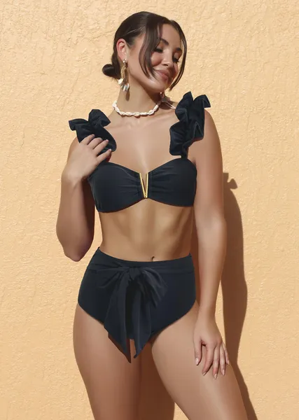 Ladies' Split Ruffle Edge Solid Color High Waist Sexy Bikini Swimsuit Looks Slim