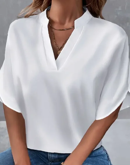 Lightweight Solid Color Notch Neck Blouse - Stylish Short Split Sleeves For Spring & Summer - Trendy Womens Ca