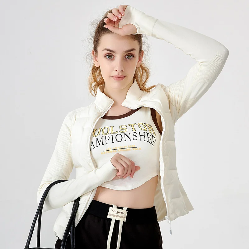 Lightweight White Goose Down Yoga Clothes Long Sleeve Season Cycling Jacket Outdoor Workout Top
