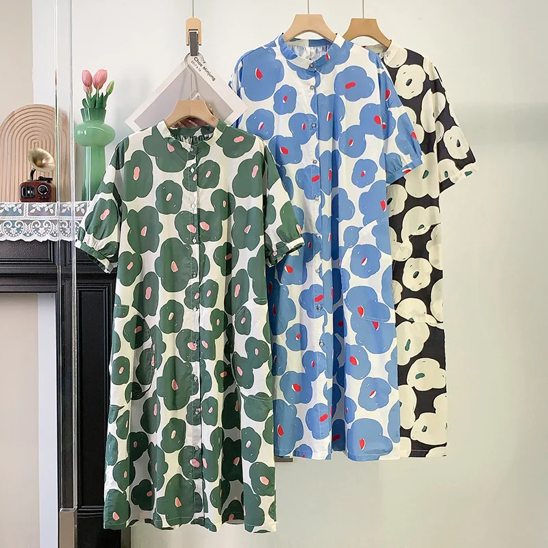 Long-length Loose-fitting Short-sleeved Dress with Floral Print
