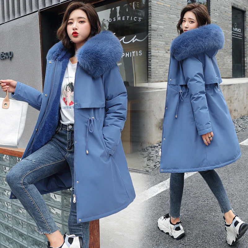 Long Style Large Fur Collar Fleece Lined Cotton Jacket Down Cotton Coat Outerwear