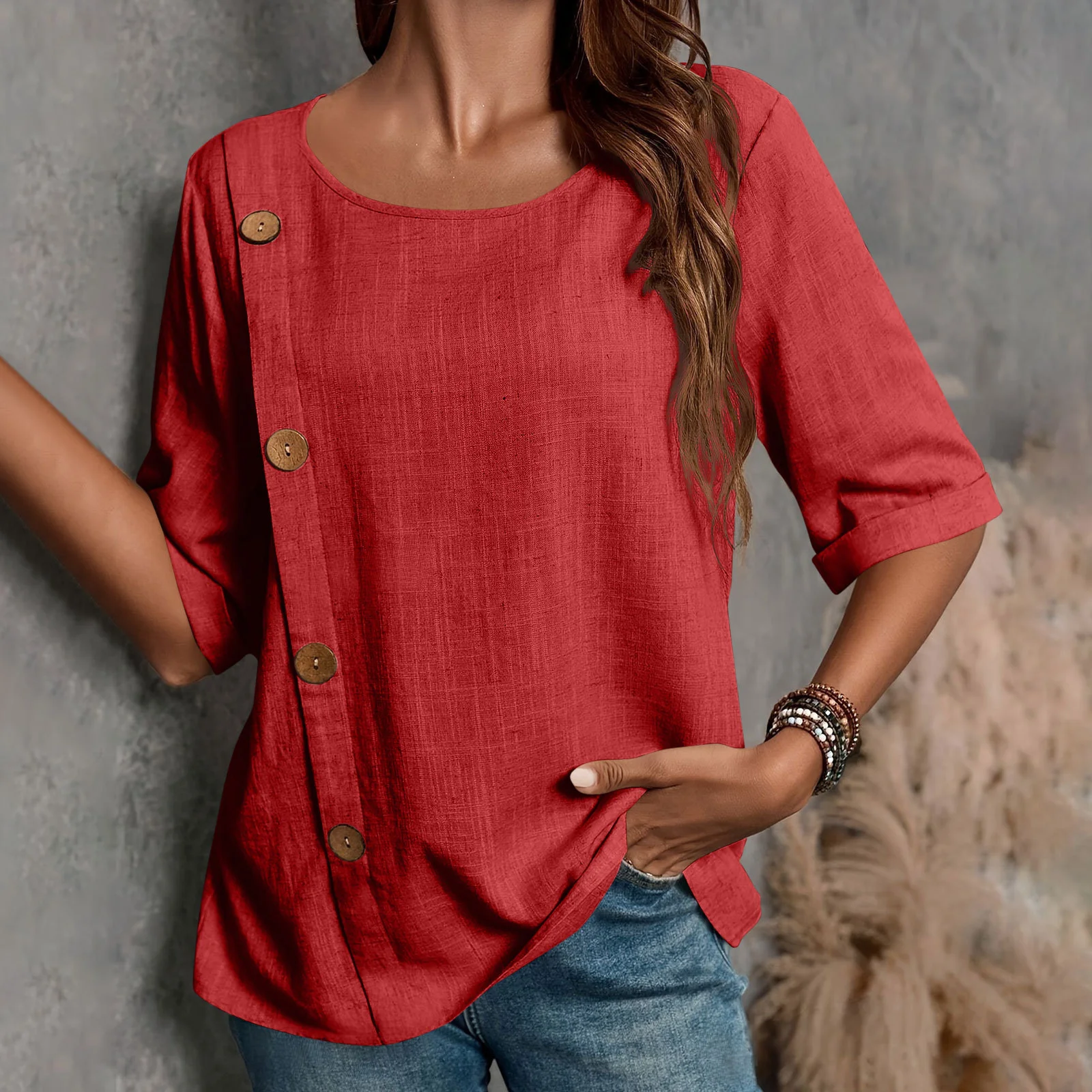 Loose-Fit Cotton-Linen Button-Up Top – Casual Short Sleeve Shirt