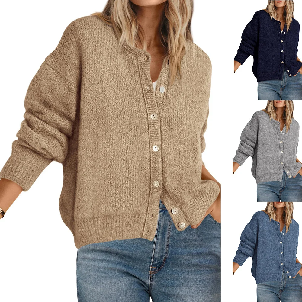Loose Fit Round Neck Solid-color Long-sleeve Knit Cardigan