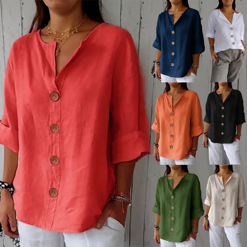 Loose-fit Women's V-neck Cotton-Linen Button T-shirt Top