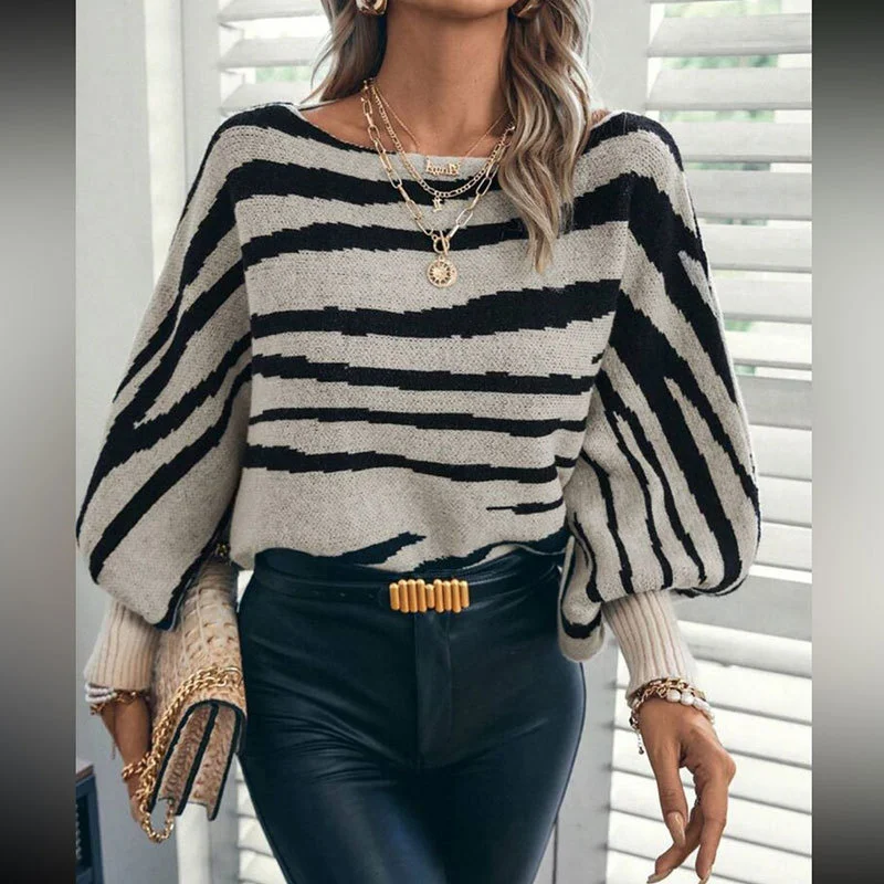 Loose Knitted Zebra Pattern Contrast Color Off-shoulder Batwing Sleeve Sweater