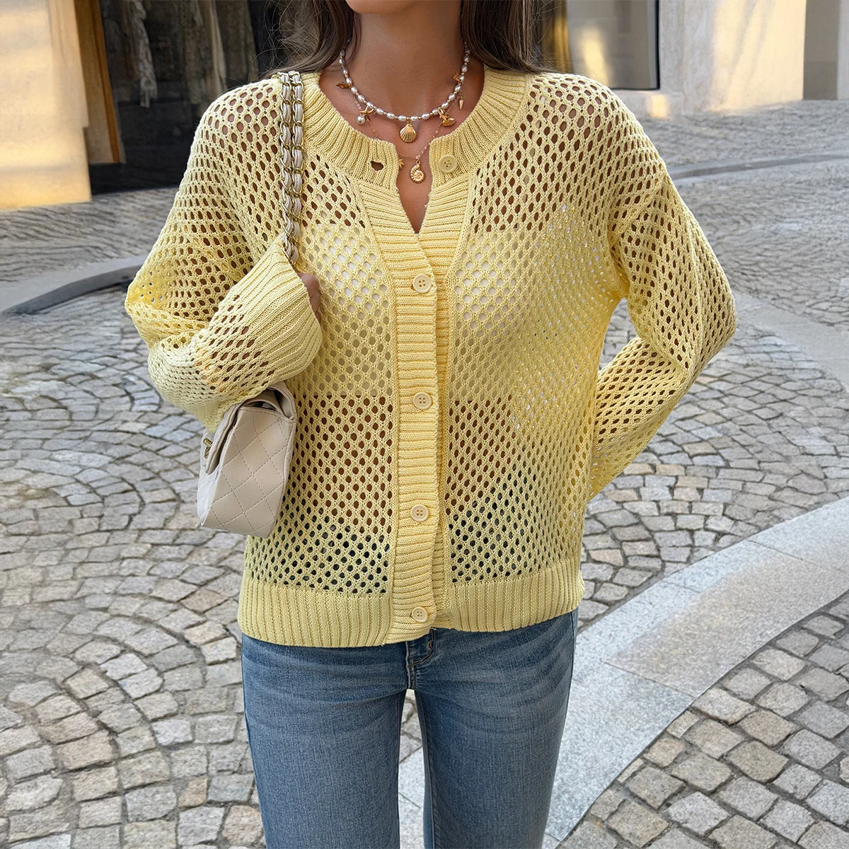 Loose Relaxed Openwork Cardigan Sweater in Knit Fabric