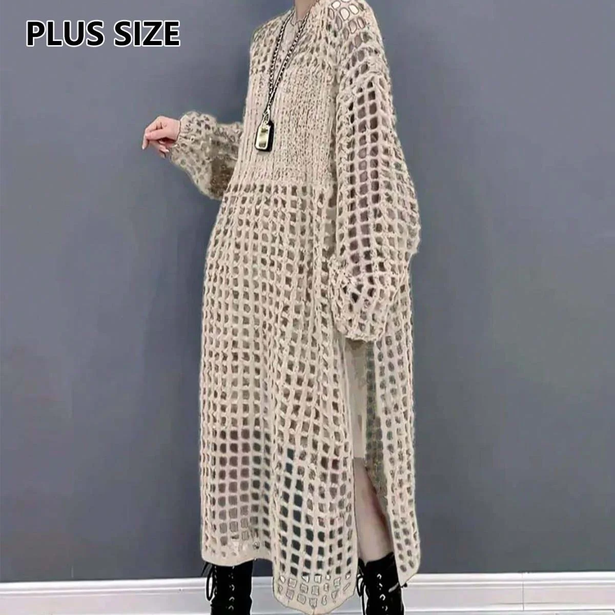Loose Round Neck Dignified Hollow Knitted Dress High Slit Sweater