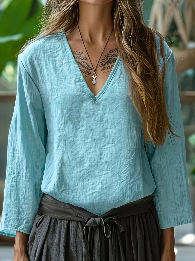 Loose Solid Color V-neck Nine Quarter Sleeved Cotton And Linen T-shirt