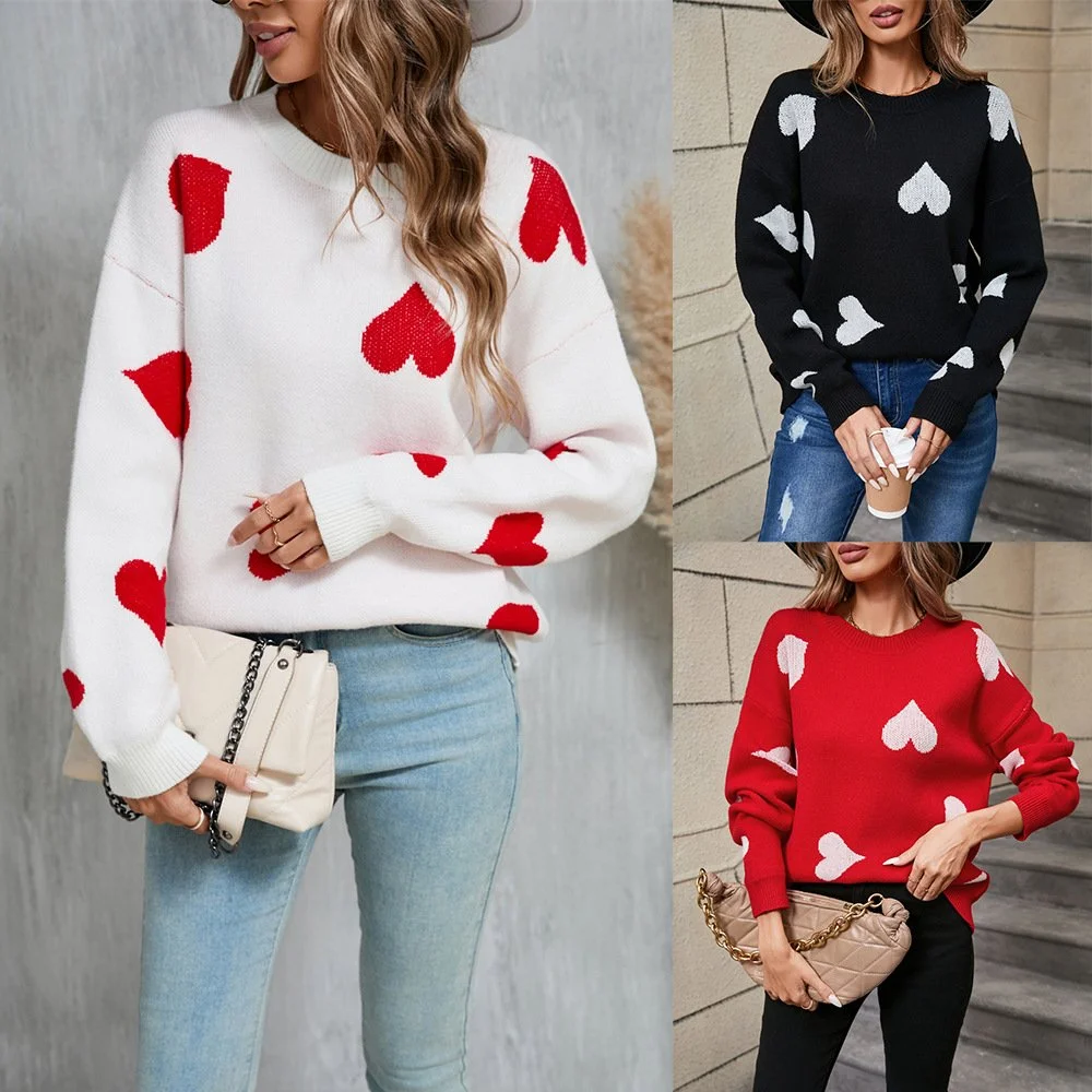 Love Little Peach Heart Plus Size Sweater Round Neck Knitted Pullover for Women
