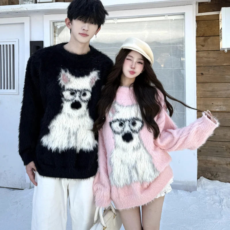 Mens and Womens Cartoon Puppy Loose Casual Pullover Sweater