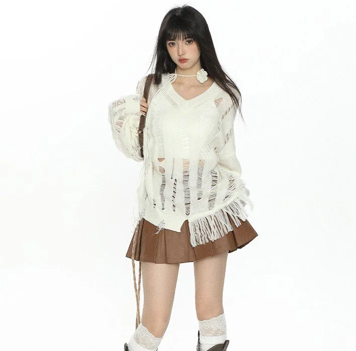 Micro Transparent V-neck Sweater Cutout Blouse Long Sleeve Women