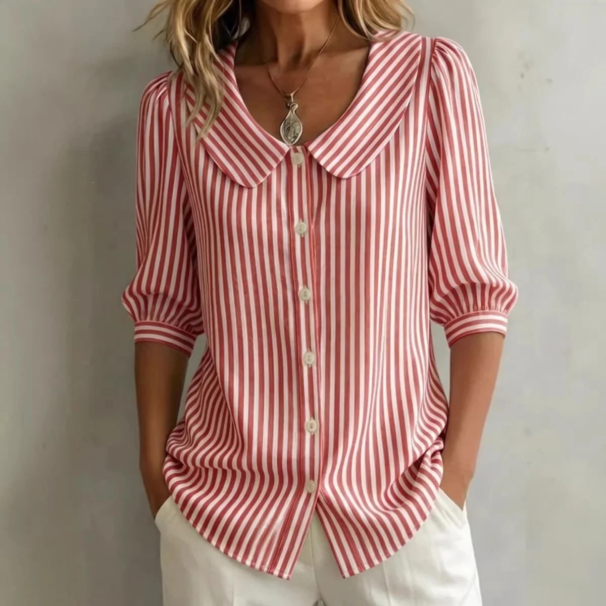 Mid-sleeve Striped V-neck Shirt Top T-shirt Womens Clothing