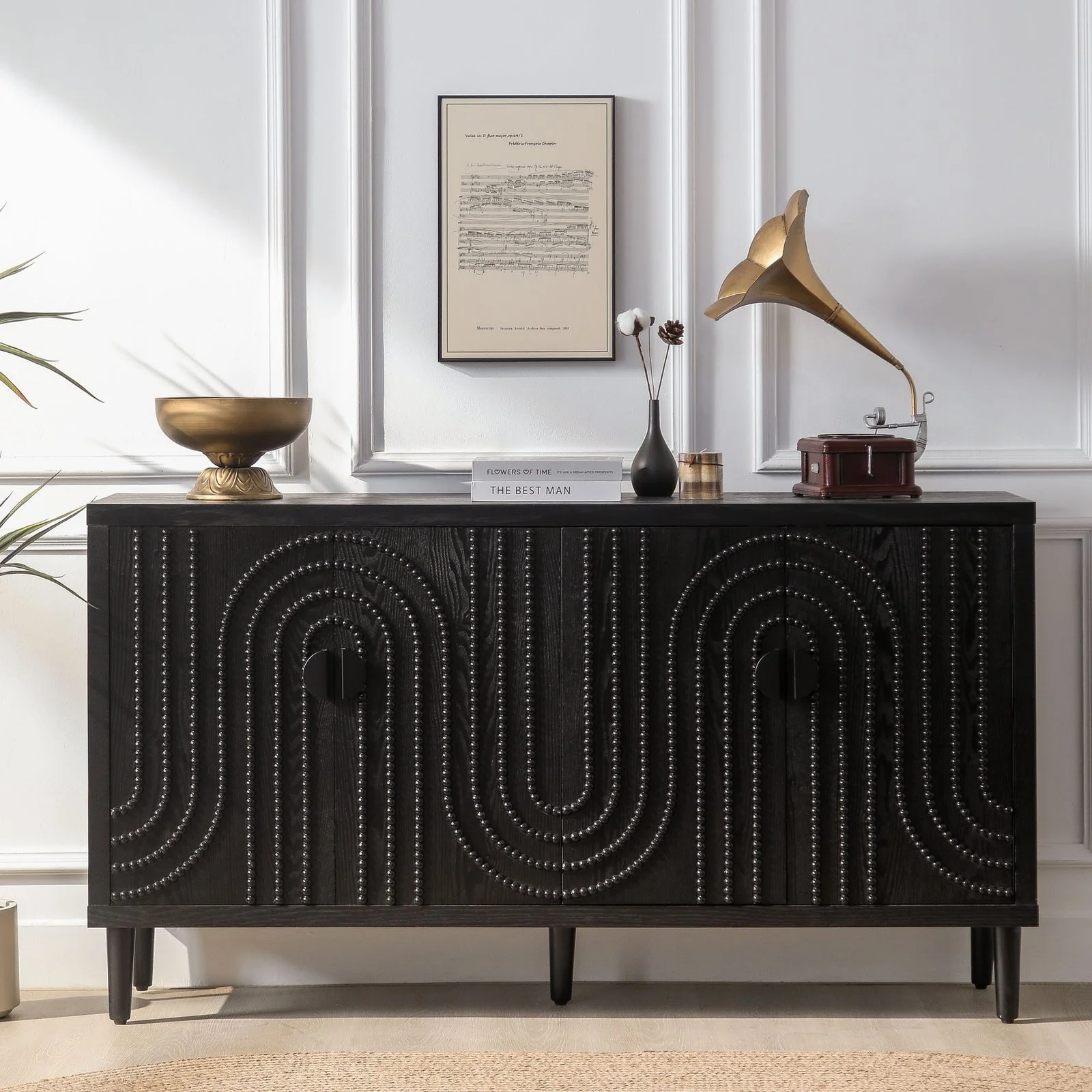 Modern Black Sideboard Cabinet with Decorative Nailhead Accents, Stylish Storage Solution for Dining & Living 