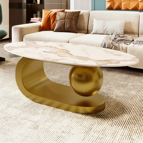 Modern Oval Coffee Table for Living Room, Marble Pattern Sintered Stone Coffee Tabletop with Gold Stainless St