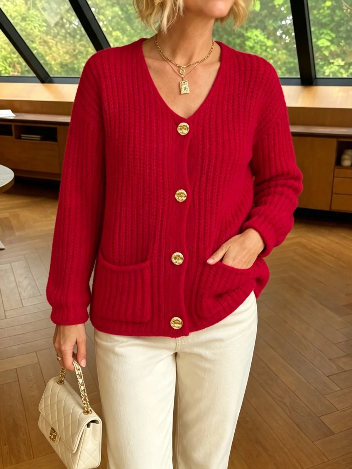 New Arrival for Autumn&winter Vintage Gold Button Thick Ribbed Knit Red Cardigan with Pockets