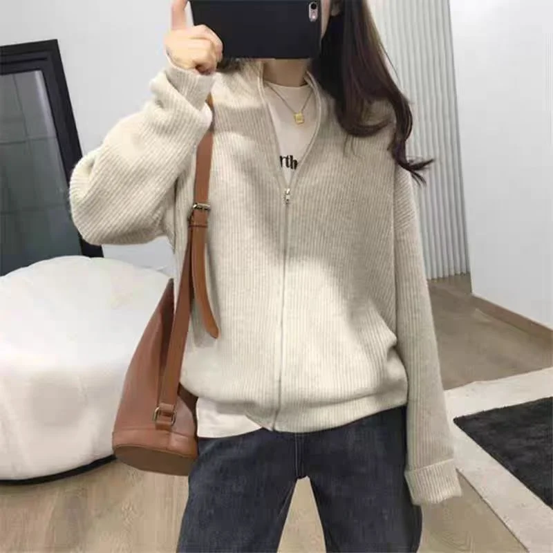 New Outdoor Idle Style Solid Color Zipper Knitted Cardigan Top