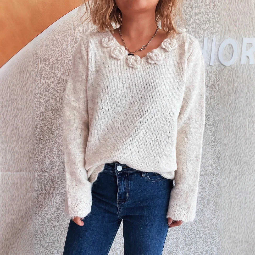 New Patchwork Flower Solid Color Sweater for Women