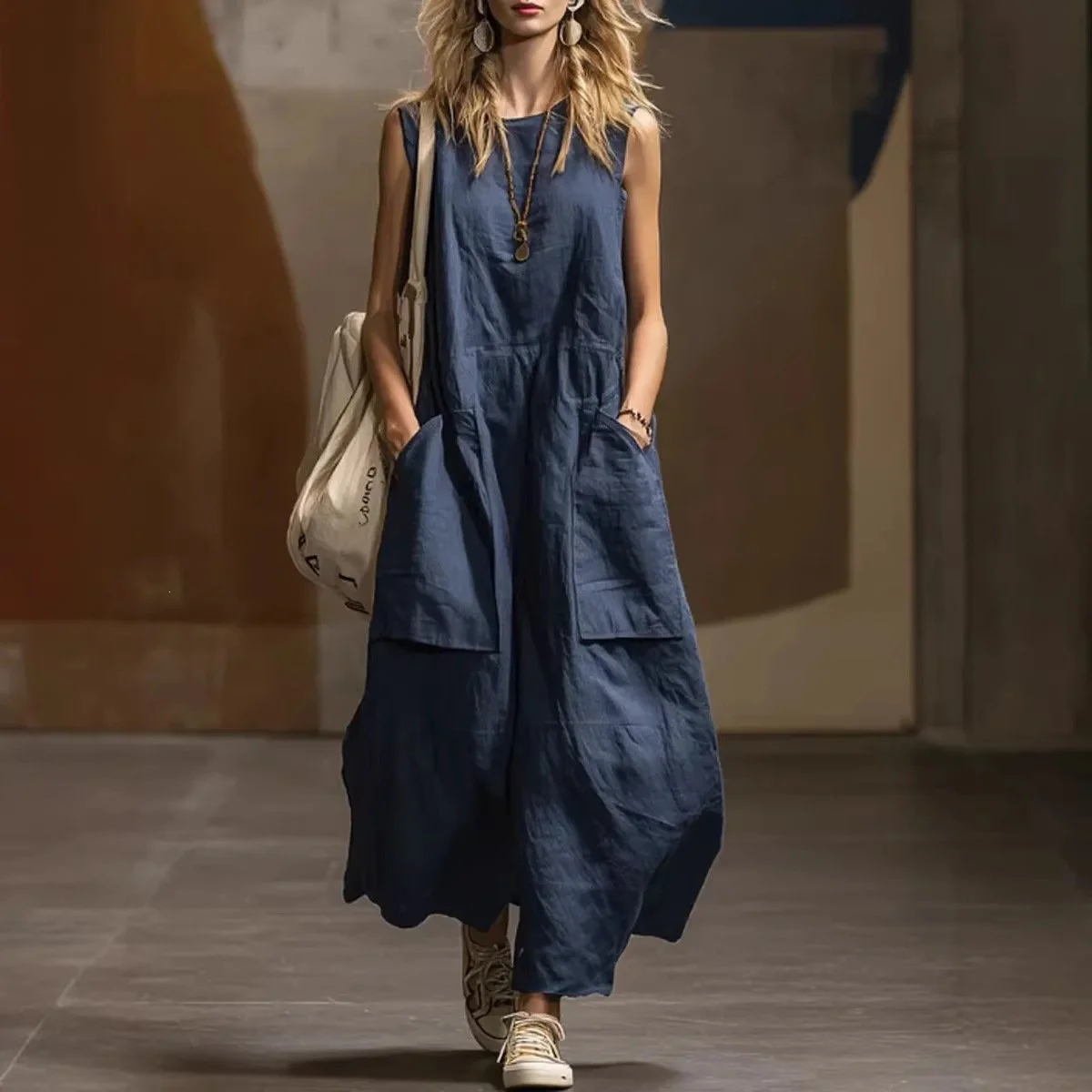 New Spring & Summer Loose Sleeveless Cotton Linen Dress with 3d Pockets