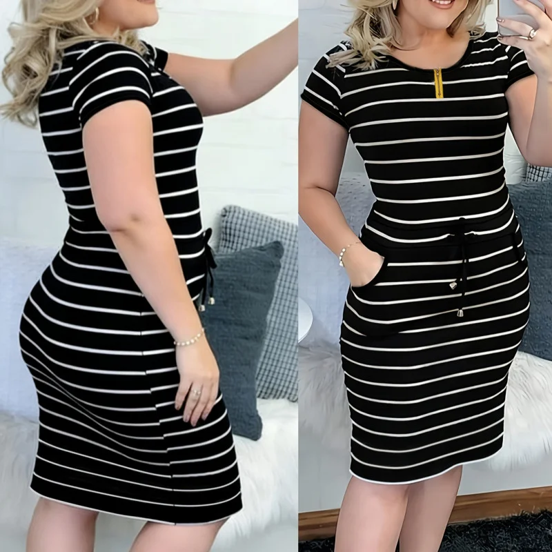 New Striped Drawstring Short-sleeve Sheath Dress