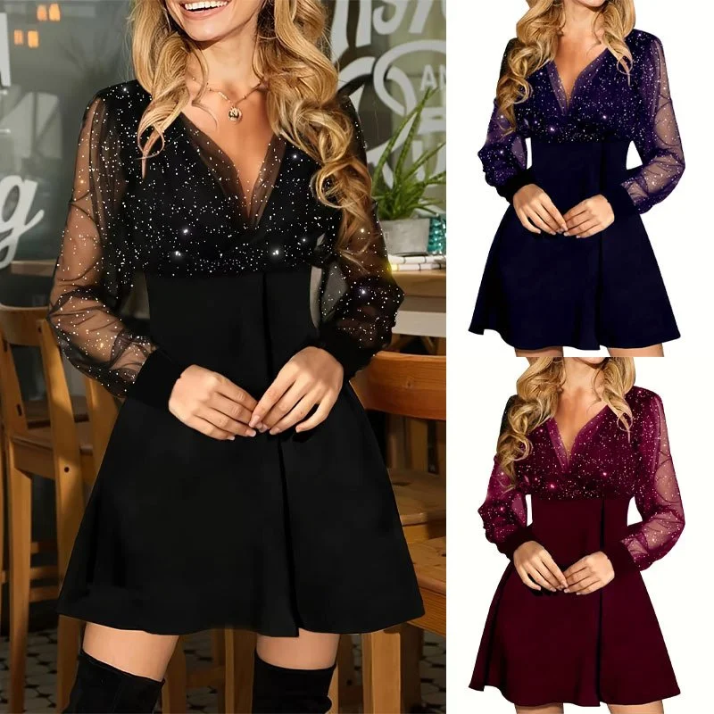 New Style Mesh Splicing Solid Color V-neck Long-sleeve Sexy Elegant Dress