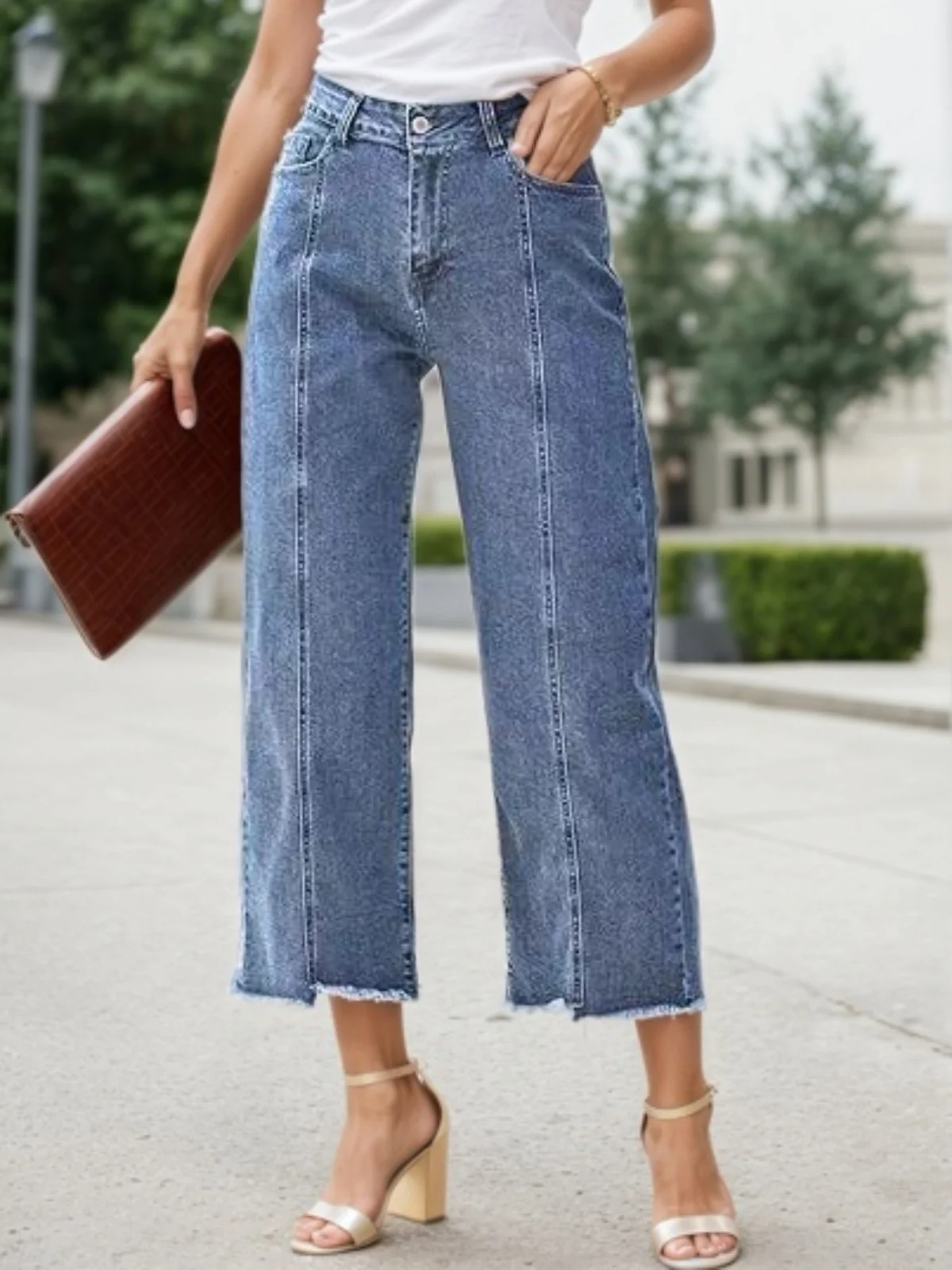 New Women’s Fashionable Casual Plus Size Jeans, High Waist Wide Leg 7-inch Straight Leg Jeans, Suitable for Va