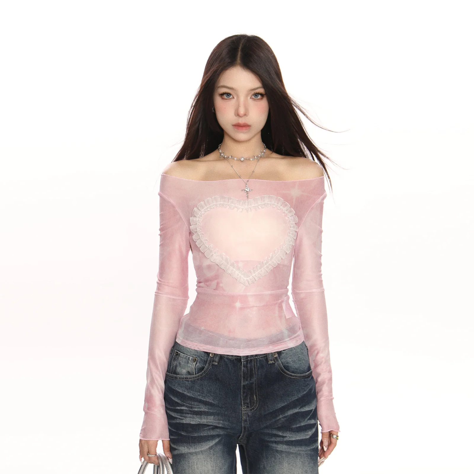 Off-Shoulder Mesh Long Sleeve Tie-Dye T-Shirt
