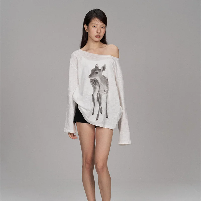Off-the-shoulder Tunic With A Sika Deer Print Slightly Sheer Loose-fitting And Relaxed-style Long-sleeve T-shi