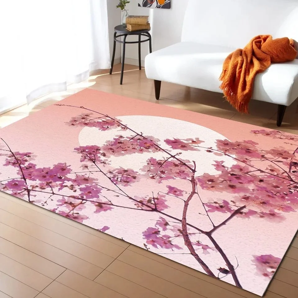 Pastel Cherry Blossom and Crescent Moon Non-slip Flannel Floor Mat Home Rug Decoration
