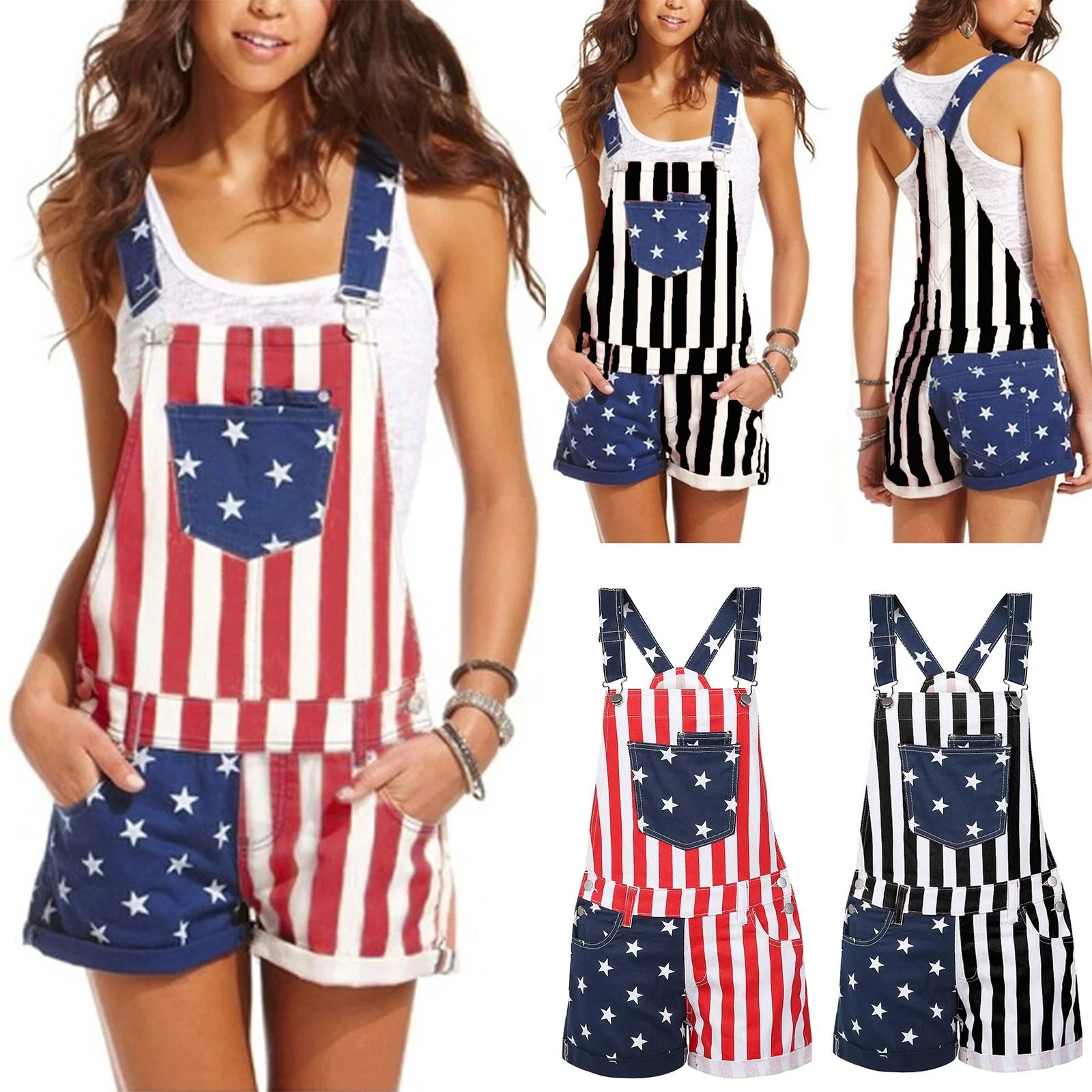 Patriotic USA Flag Denim Suspender Shorts