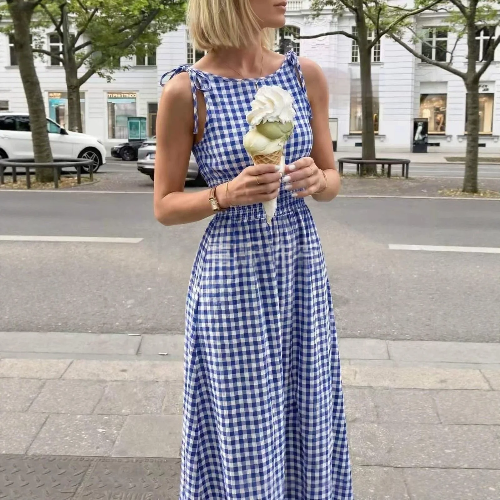 Plaid Bow-Strap Ruffled A-Line Dress
