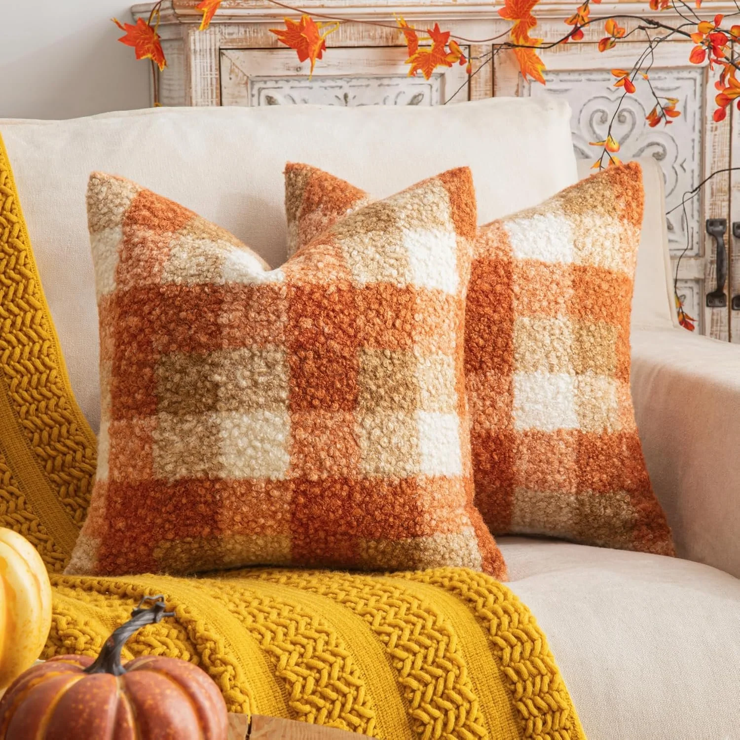 Plaid Fall Throw Pillow Covers 2 Pack, 20x20 Inch Orange Decorative Cushion Cases for Sofa, Couch, Bed and Aut